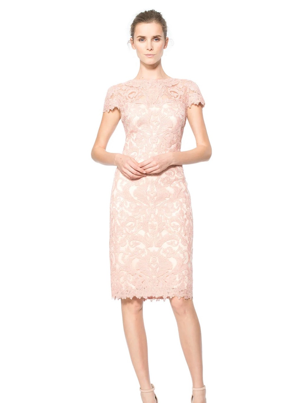 Tadashi Shoji Corded Embroidery illusion Cap Sleeve Dress Sheath Metallic Blush